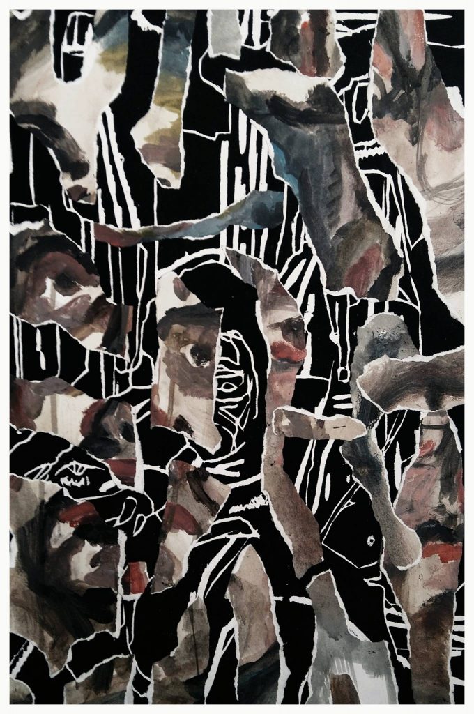 Gravure sur bois, acrylique et collages.
