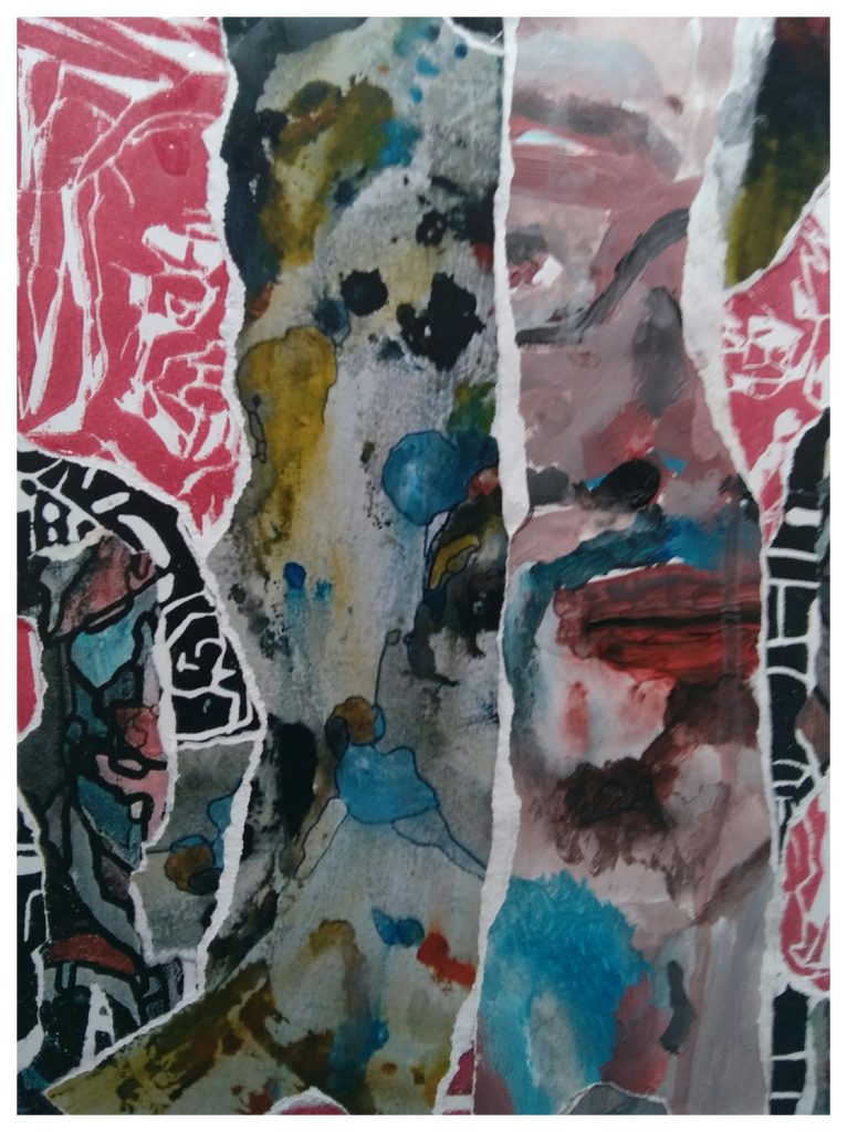 Gravure sur bois, acrylique et collages.