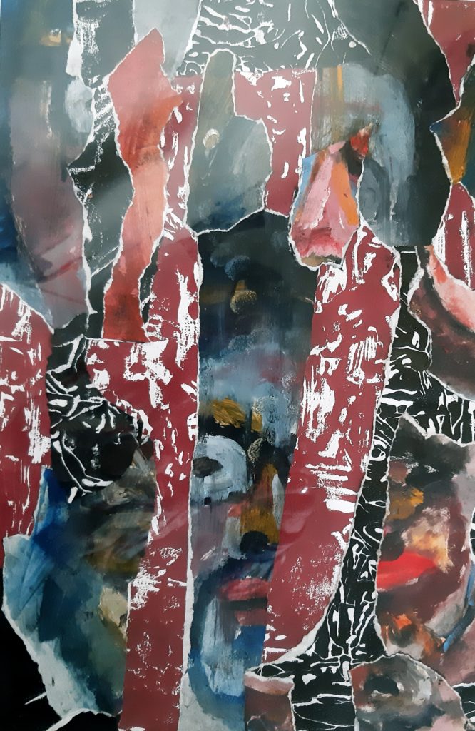 Gravure sur bois, peinture à l'huile et collages.